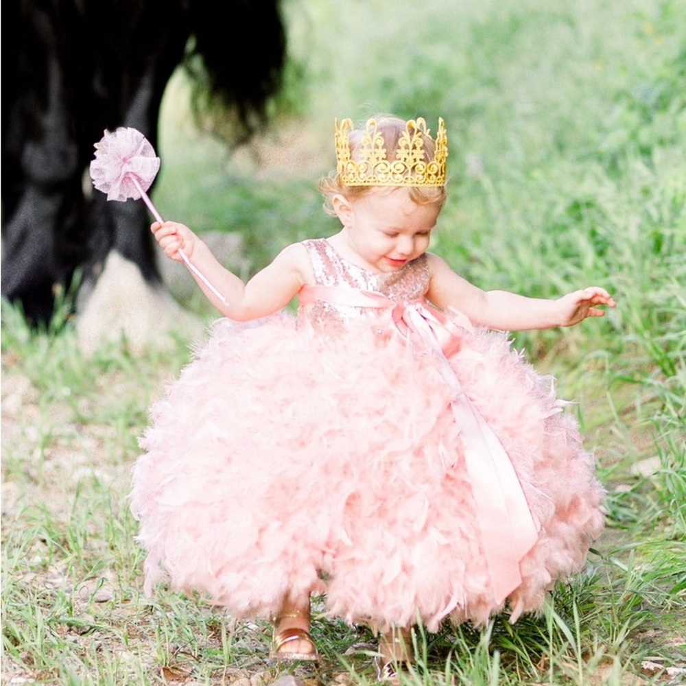 Pink Feathered Dress princess ball sequin photoshoot flower pageant crown lace